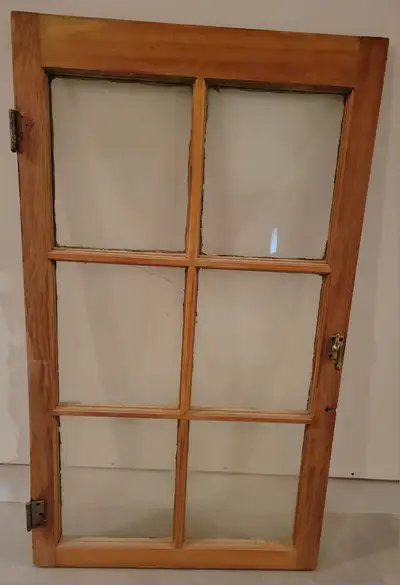 Antique farmhouse window frame ready for decorating home accents. Has original brass hinges and latc...