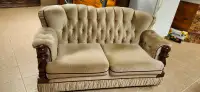 Velour Beige Couch with dark wood ends/feet, and chair