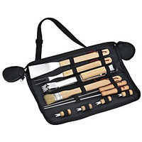 10pcs BBQ Tool Set with Wooden Handle in Nylon Pouch