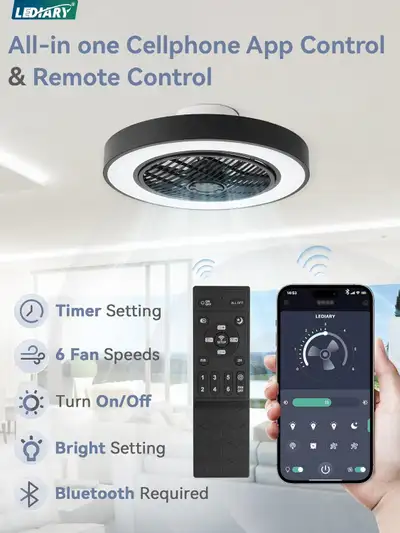 LEDIARY Bladeless Ceiling Fan – Modern Black, Dimmable LED Light, View more