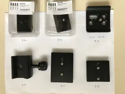 1) Many different Arca Swiss quick release plates, from new to mint- prices show on pictures. 2) Lei...
