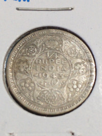 1943 India George VI .500 silver 1/4 rupee, Lahore mint KM #547