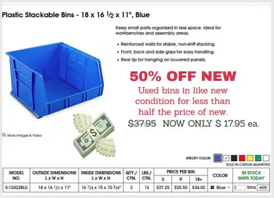 WE HAVE HUNDREDS OF GOOD CONDITION USED ULINE PLASTIC STACKABLE BINS AVAILABLE. THESE SHELF BINS CAN...