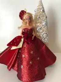 Vintage 80s Holiday Barbie Red Christmas Dress + Ring + Earrings