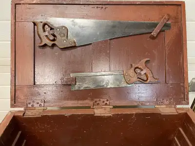 Antique wooden toolbox with tools asking $100. Or trade / swap