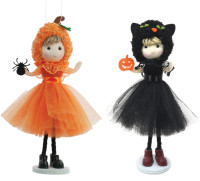 Pumpkin Girl + Black Cat Doll Ornaments (2) Halloween Decor NEW