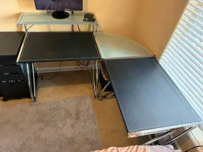 Great Glass and faux L shape desk with upper level, View more