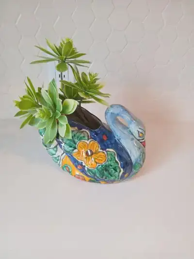 Vintage Hand Painted Mexican Pottery Swan Planter Signed No chips, slight crazing on bottom Silver S...