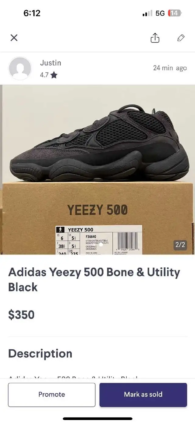 Adidas Yeezy 500 Bone & Utility BlackSize 6M or 7W