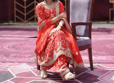 Beautiful Red and Gold Embroidered Formal Suit – Worn Only Once, View more