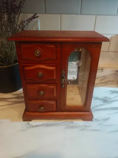 Vintage Y2K Jewelry Armoire Wooden Chest 90s 2000s Floral Glass, View more