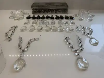 41 VINTAGE CRYSTAL Prisms Smoke & Clear Glass, Scallop Cups, Tin, View more