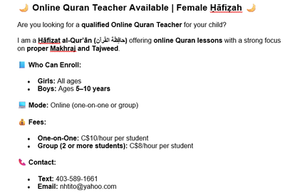  Online Quran Teacher Available | Female Ḥāfiẓah , View more