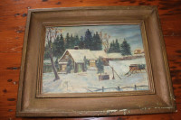 Vintage Beautiful Winter Scene Painting with House and Sleigh