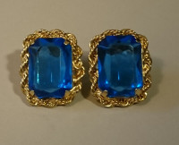 Vintage Rare Gold & Blue Glass Stud Earrings