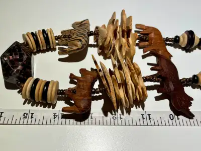 Vintage Hand Carved Safari Animal Folk Art Necklace. Wood beads; one large resin bead. hangs approx...