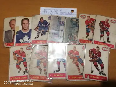 1957 #m6 tom johnson fair to good crease 15$ 1957 #m7 andre pronovost low grade to fair creased 15$...