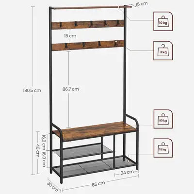 Coat Rack Stand, Hall Tree with Bench and Shoe Storage, 9 Removable Hooks, Shoe Rack, Shelf, 30 x 85...