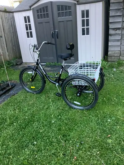 This VEVOR 7-speed adult tricycle features a stable three-wheel design, a comfortable seat with back...