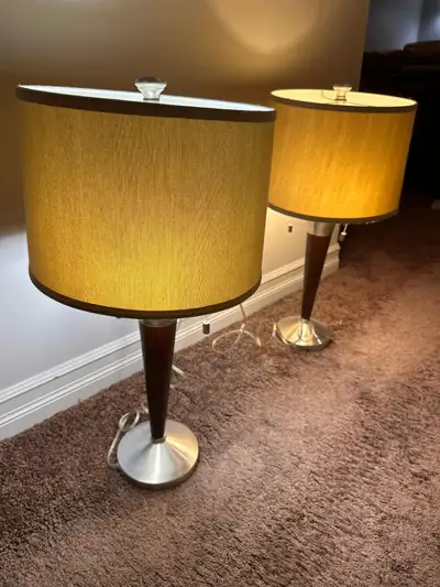 Modern Table Lamps Set – Brushed Nickel & Wood Accent | Pair, View more