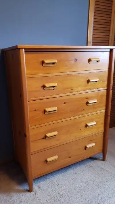 Solid pine, handmade (~1990s) bedroom set consisting of a 3/4 size captain's bed with functioning dr...