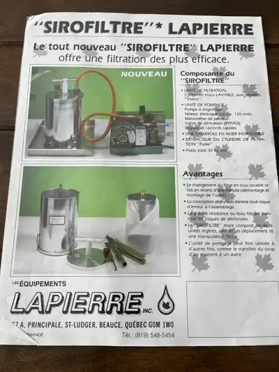 Filtreur à sirop Lapierre 12 pouces complet avec unité. Valeur de 1737$ et on demande 600$ Aussi 5 c...