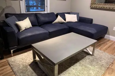 Navy Blue Wide Faux Leather Right Hand Facing Sectional Sofa, View more