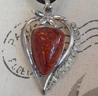 Amber & silver strawberry with crystal accents necklace
