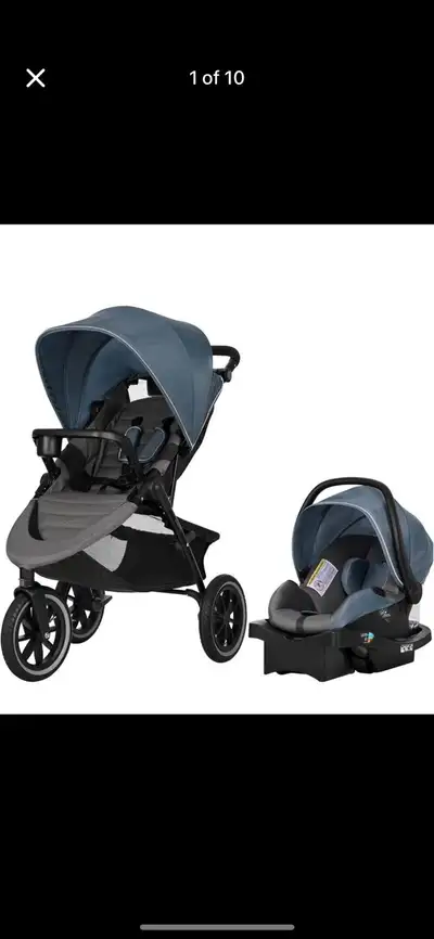 Brand new in box Evenflo Folio3 Stroll and Jog Travel System with LiteMax 35 Infant Car Seat (Skylin...