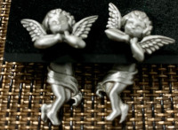 Vintage JJ Pewter Angel Pierced Earrings, Jonette Unusual Cherub