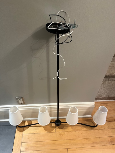 New Black 4 light Chandelier with white Shades - Never Installed, View more