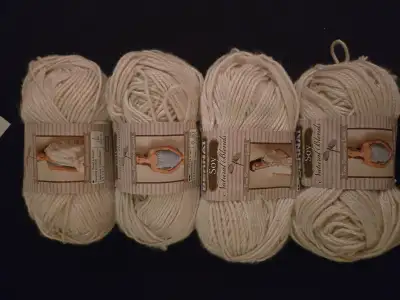4 balls Bernat Soy Natural Blends yarn in oatmeal colour. This discontinued yarn is very soft and si...