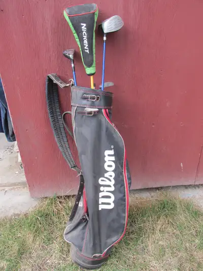 Wilson golf bag with 4 clubs Nickent Driver 3DX, square Dunlop Driver, linear force Dunlop, linear f...