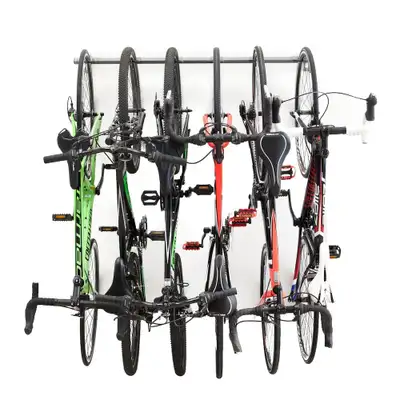 Securely stores 6 bikes in a compact space. Constructed of industrial steel with a gray powder coat...