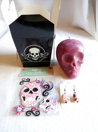 Pink Skull Candle, Pink Skull Earrings, Skull Stickers Gift box!