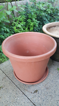 Plastic clay pot with big decorative glass pot