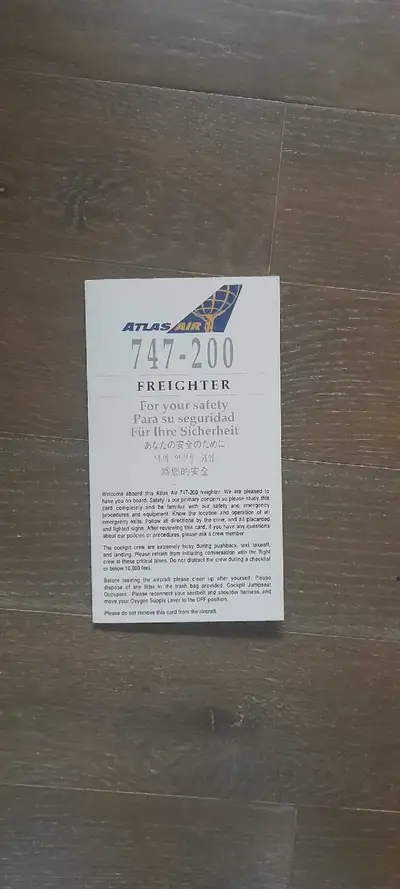 Rare brand new condition Boeing 747-200 Freighter Atlas Air Cargo Very collectable safety card