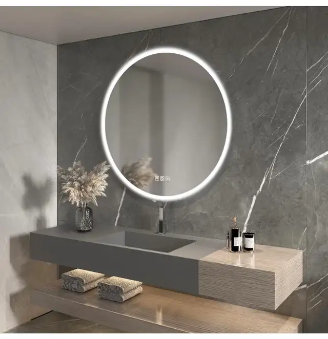 furduzz 28 Inch Round Bathroom Mirror with Lights, Wall Mounted  in Bathwares in Ottawa - Image 2