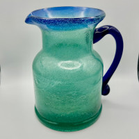 Art Glass Pitcher Green & Blue w/ Applied Handle