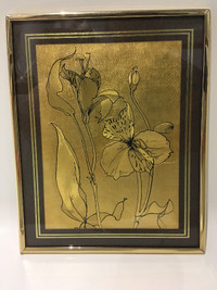 TABLEAU CADRE VINTAGE RÉTRO FLEURS IRIS FLOWERS  GOLD OR DORÉ