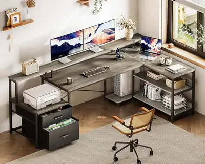 ODK 75" L Shaped Desk with File Drawers & Power Outlet, Grey Oak, View more