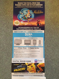 Digital copy codes Disney Aladdin Dora Lost City Pokémon ITunes