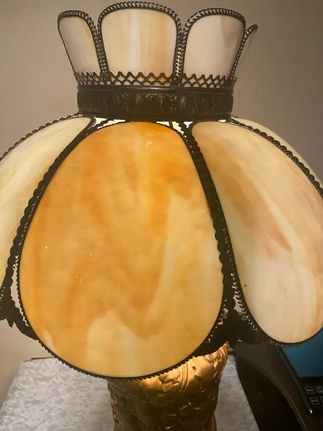 Art Nouveau Amber Slag Glass Lamp Brass/Plater Base 30” High in Indoor Lighting & Fans in Hamilton - Image 3