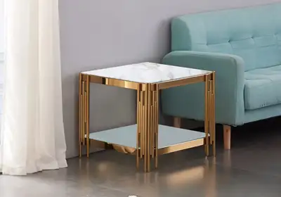 This square side table boasts a faux marble top and a mirrored bottom shelf, all supported by a slee...