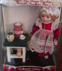 Hand Painted Porcelain Doll with Kitchen Set & Kitten