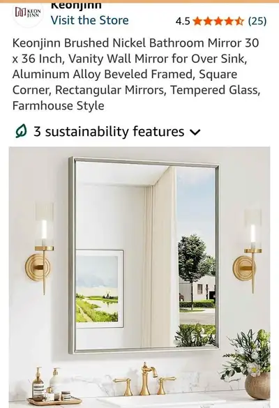 ✨ Keonjinn Brushed Nickel Bathroom Vanity Mirror (30" x 36"), View more