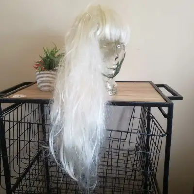 Like New ! Needs to be brushed , Long blond wig Synthetic fibers Smoke free/pet free. Holds with Etr...