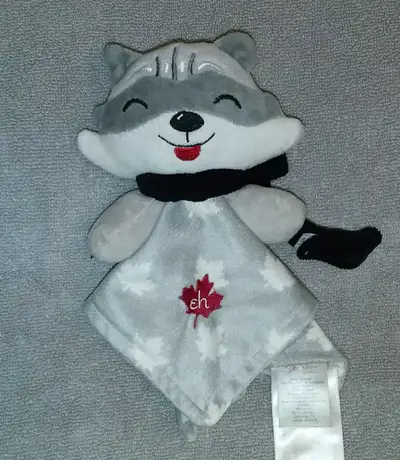 Raccoon Canada Maple Leaf "EH" Baby Security Blanket Lovey Cuddle Plush Toy by Nemcor. Left hand of...