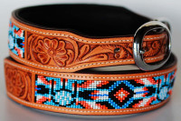 DOG LEATHER COLLAR WITH PADDING, BEADED WORK
