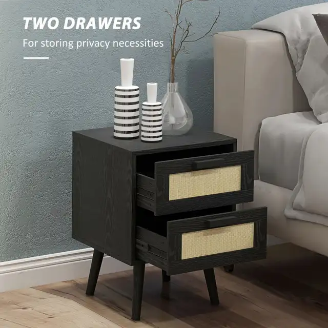 Black Boho Nightstand, Bedside Table with 2 Drawers  in Dressers & Wardrobes in Markham / York Region - Image 4